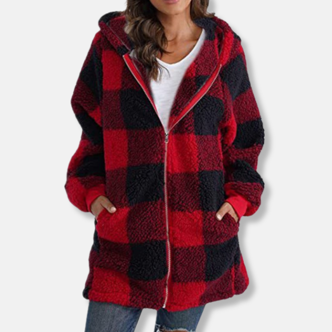 Women’s Hooded Jacket – Oversized Fit – Soft Knit – Check Pattern – Full Zip – Casual Layer