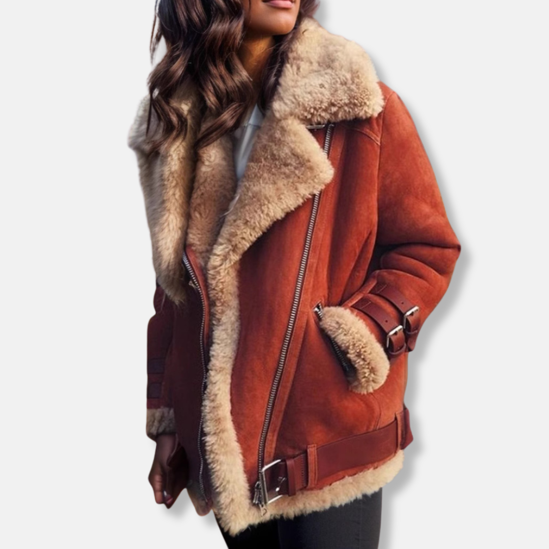 Women’s Coat – Oversized Fit – Plush Cotton – Faux Fur Trim – Zipper – Buckle Detail