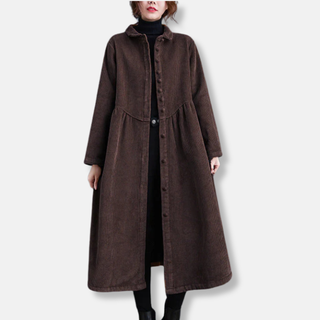 Women’s Long Coat – Corduroy Texture – Loose A-Line Fit – High Neck – Midi Length