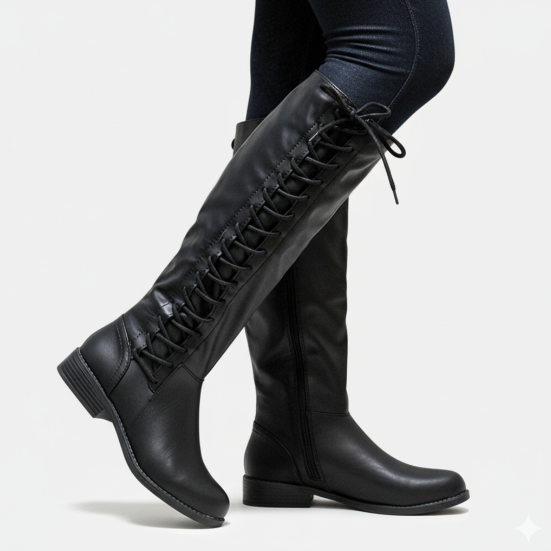 Women’s Knee-High Boots – Faux Leather – Criss-Cross Lacing – Side Zipper – Low Heel