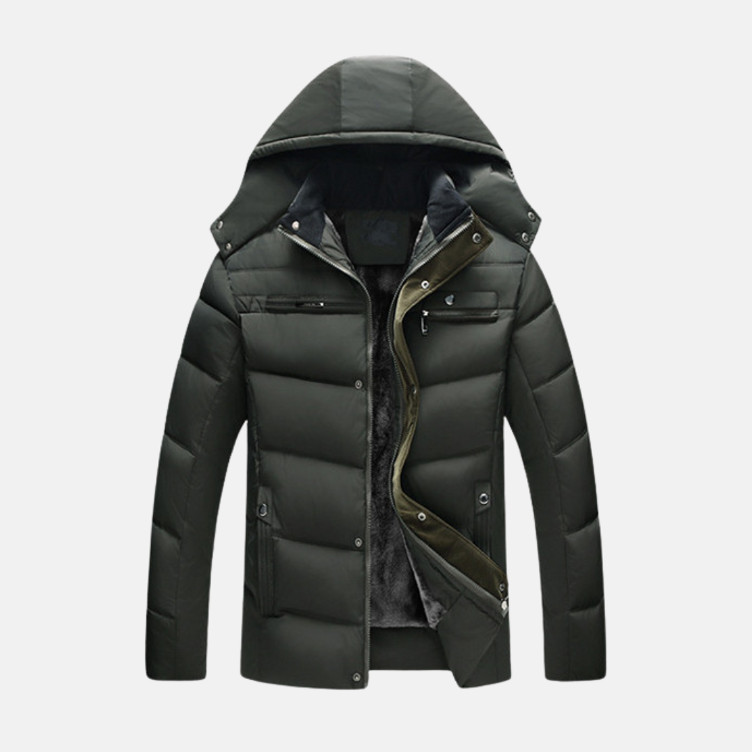 Men’s Padded Coat – Fleece Lined Hood – Quilted Design – Zipper and Snap Closure