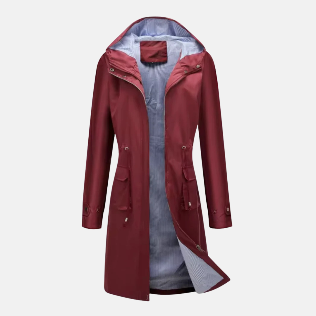 Women’s Long Hooded Jacket – Water-Resistant – Adjustable Waist – Full Length Zip Front