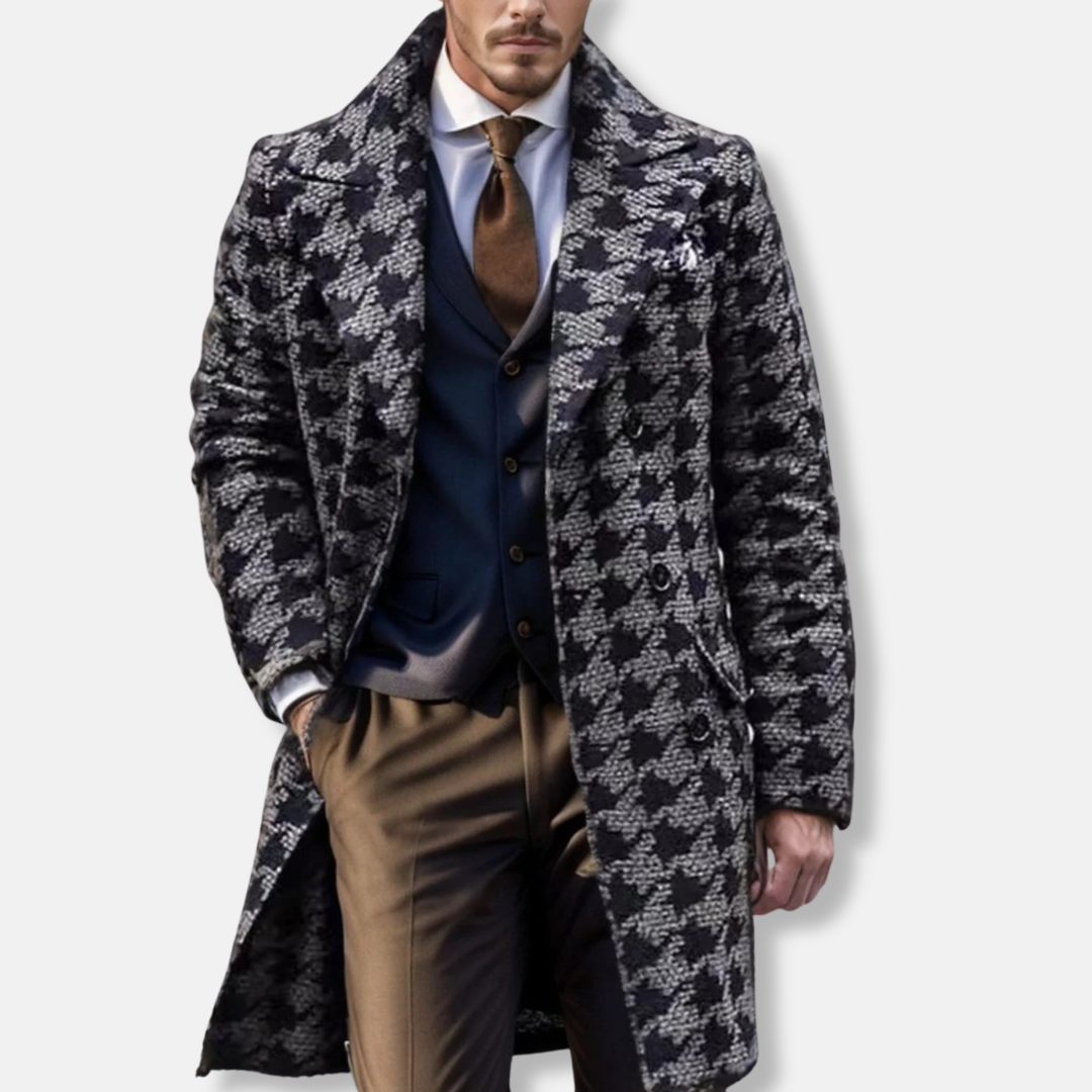 Men's Trench Coat – Tailored Fit – Wool Blend – Notch Lapel – Geometric Pattern