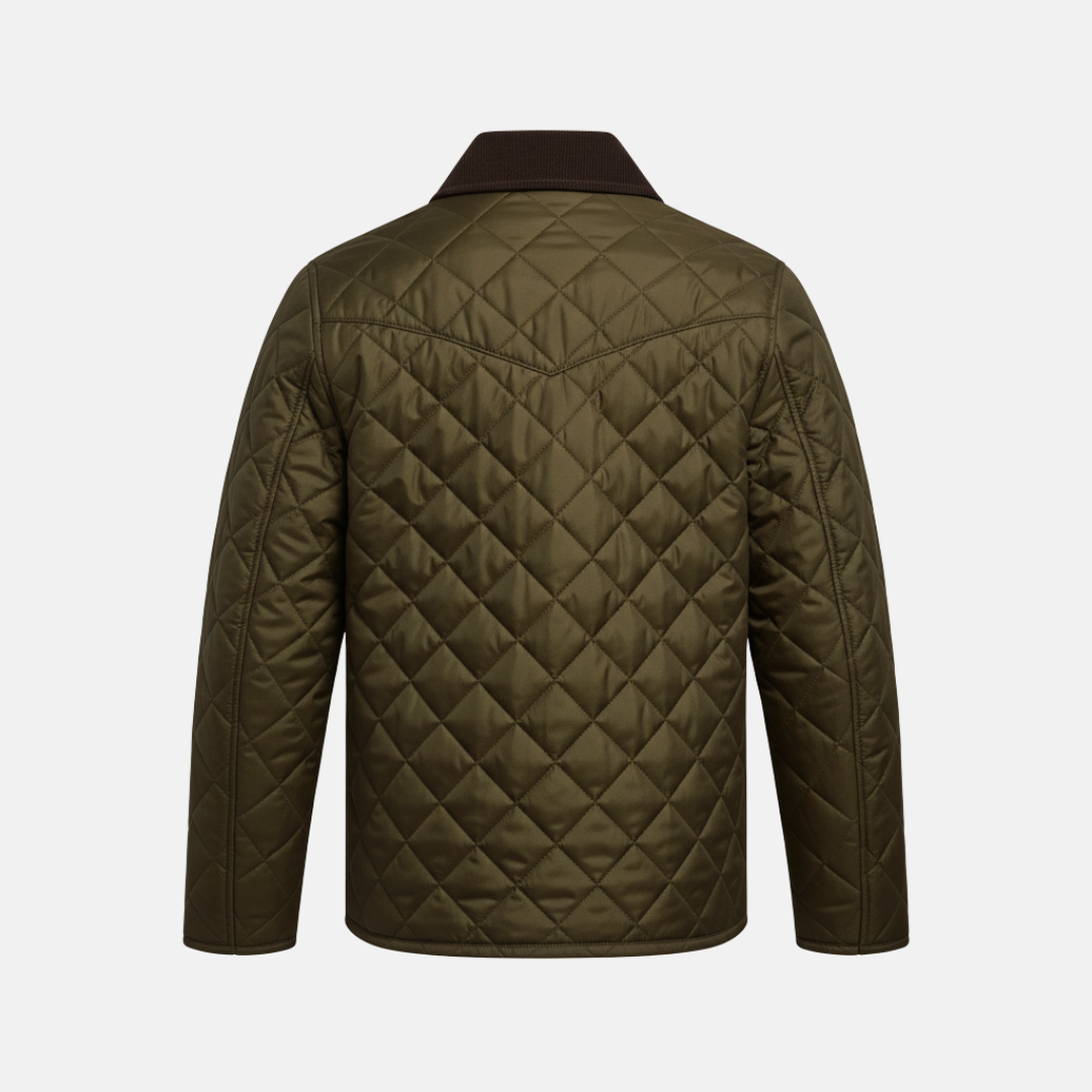 Men’s Quilted Jacket – Regular Fit – Diamond Stitch – Corduroy Collar – Mid Length