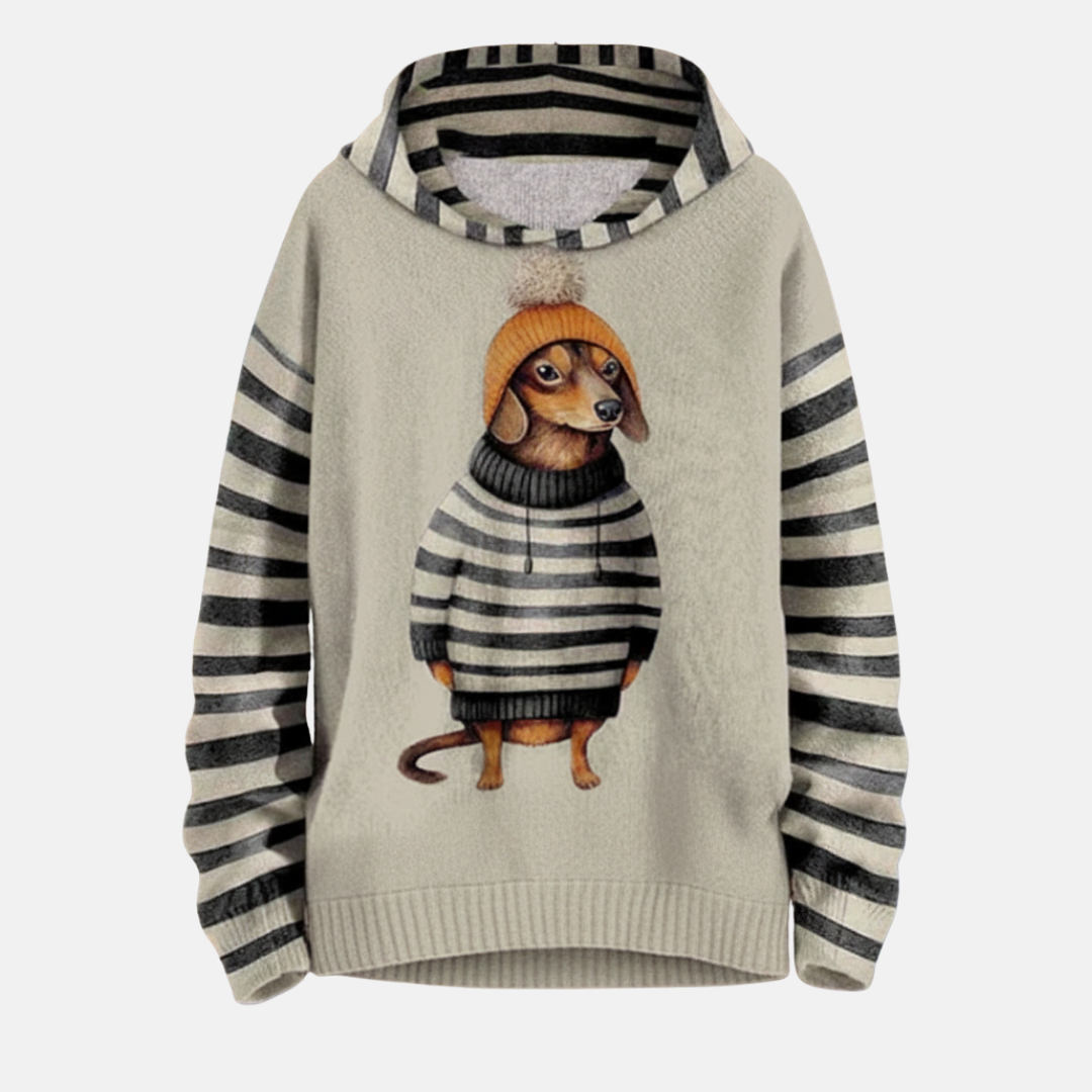 Women’s Hoodie – Relaxed Fit – Fleece Feel – Cartoon Dog Print – Striped Sleeves