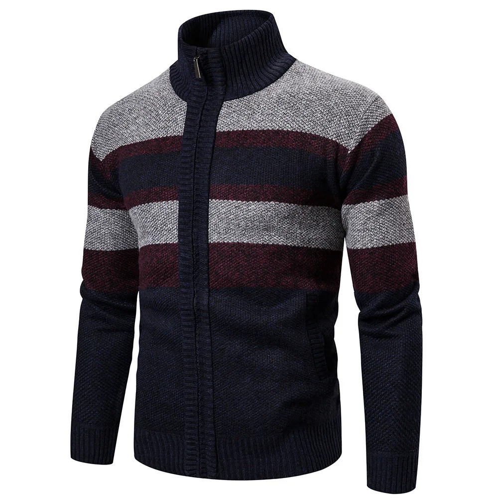 Striped knitted cardigan with high collar for men