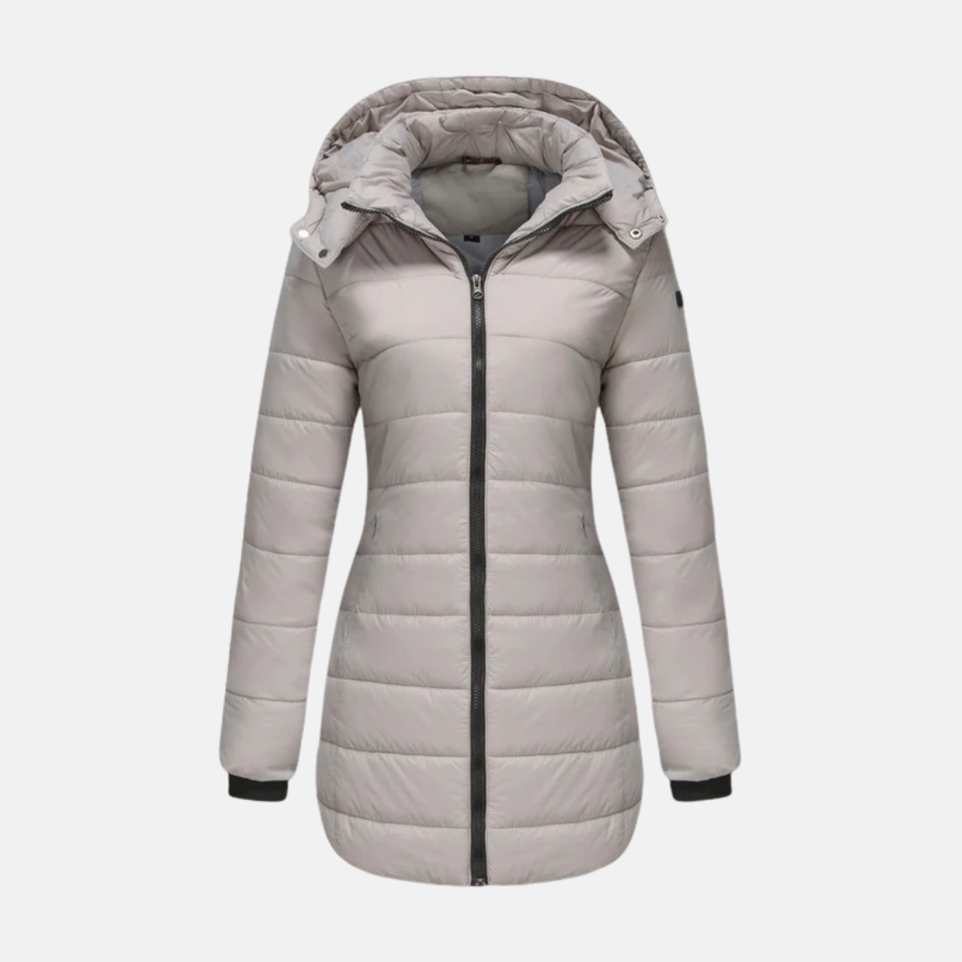 Women’s Longline Padded Coat – Quilted Design – Hooded – Two-Way Zipper – Elastic Cuffs