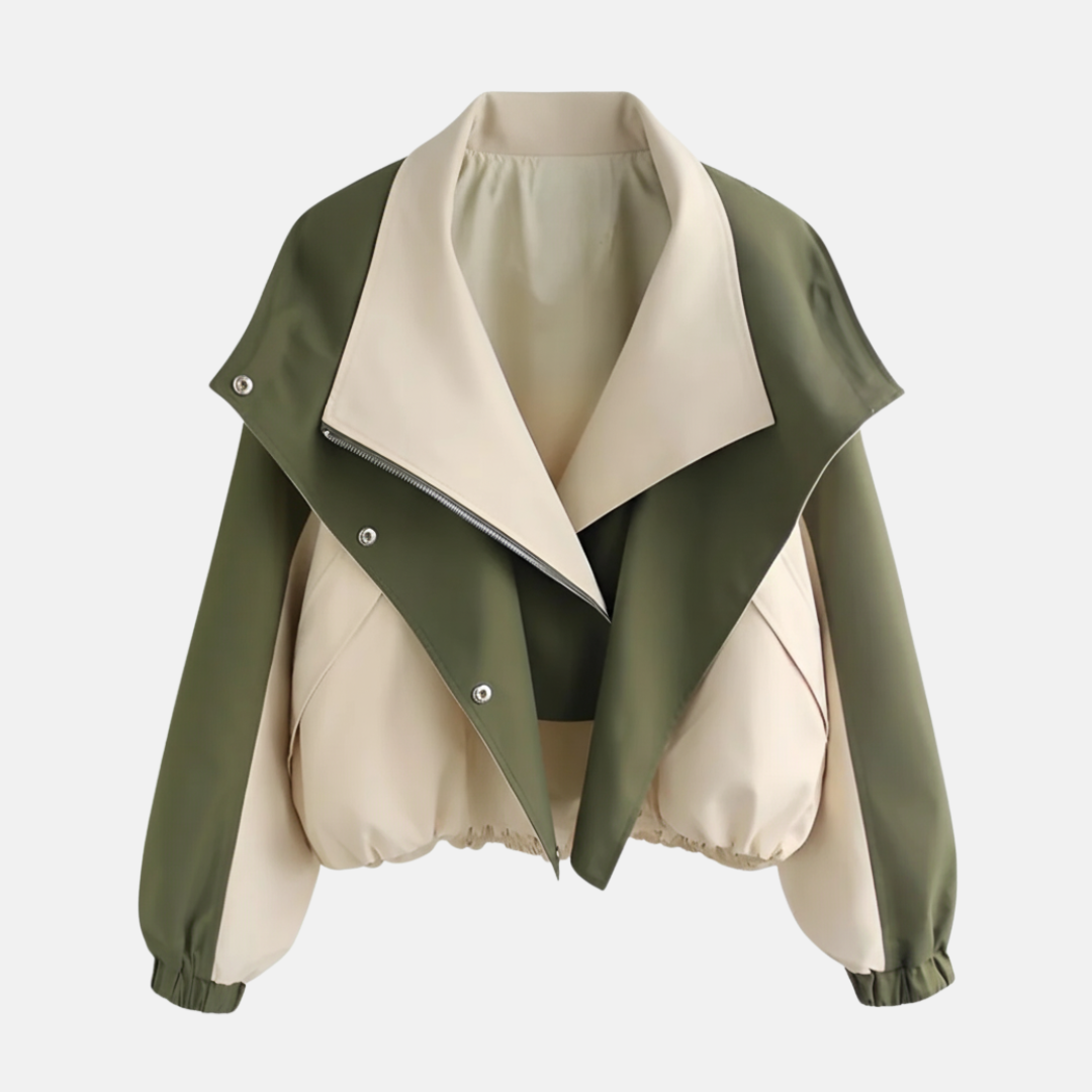 Women’s Short Jacket – Oversized Relaxed Fit – Two-Tone – Blouson Hem – Snap Closure