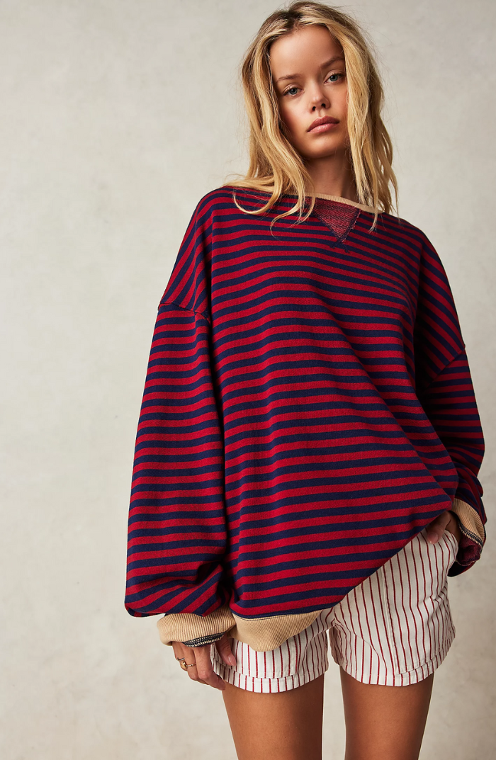 Women’s Oversized Sweatshirt – Pullover – Striped – Soft Cotton Blend – Casual Fit