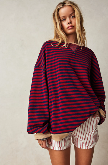 Women’s Oversized Sweatshirt – Pullover – Striped – Soft Cotton Blend – Casual Fit