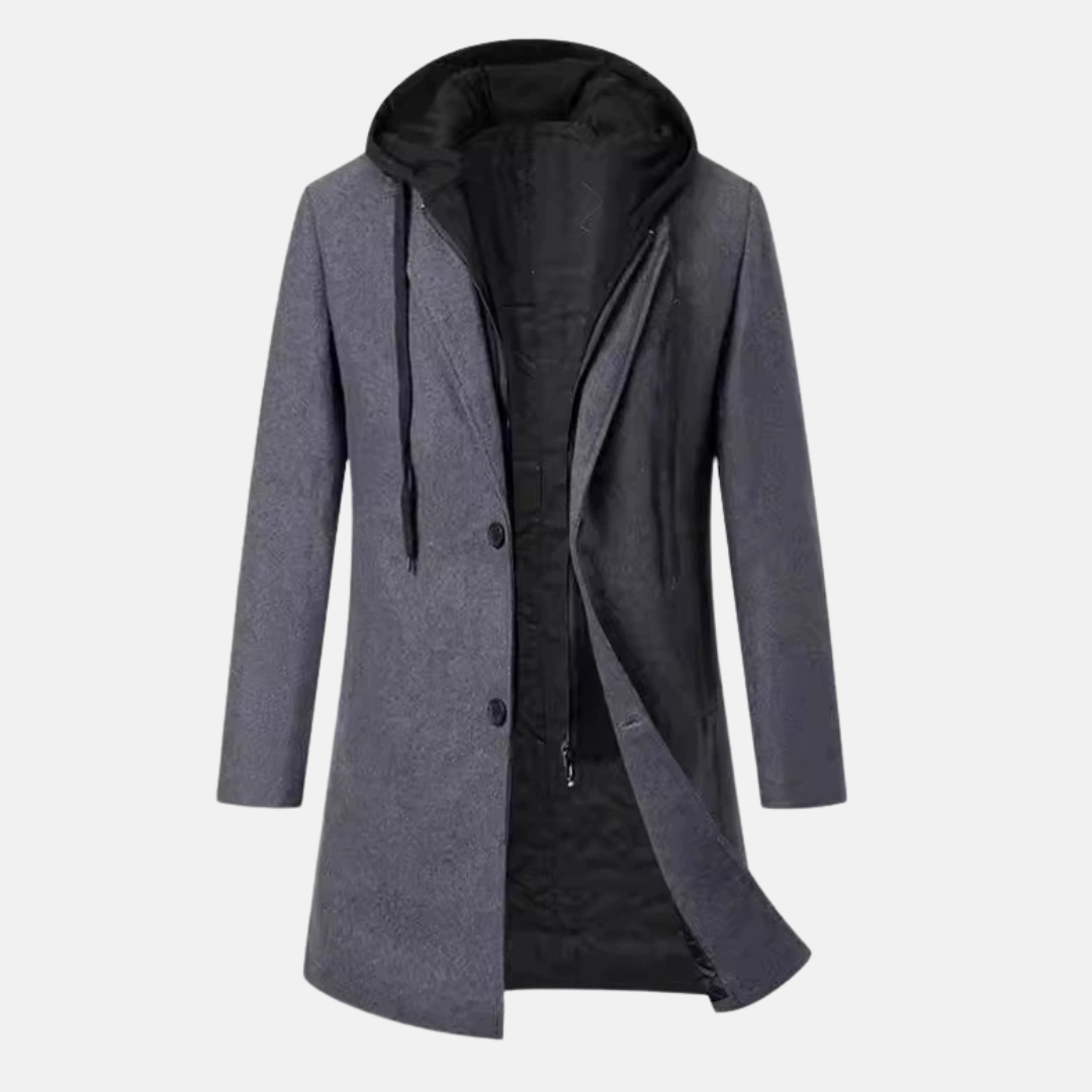 Men’s Overcoat – Tailored Fit – Wool Feel – Quilted Lining – Hooded Insert – Mid-Length