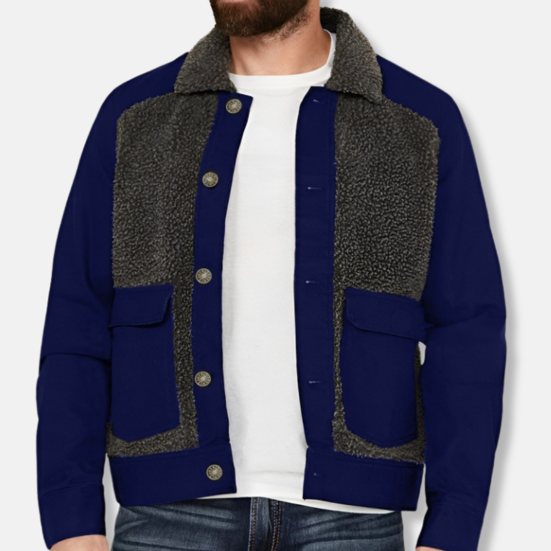 Men’s Jacket – Patchwork Design – Sherpa Collar – Wool Blend – Regular Fit – Waist-Length