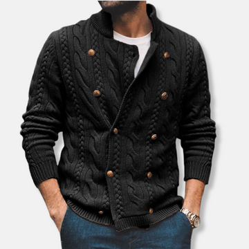 Men’s Cardigan – Tailored Fit – Cable Knit Wool Blend – Double-Breasted – High Collar