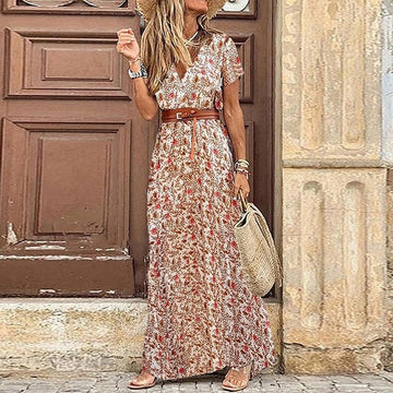 Women's Maxi Dress - V-Neck Short Sleeve - Floral Print - Lightweight & Breathable