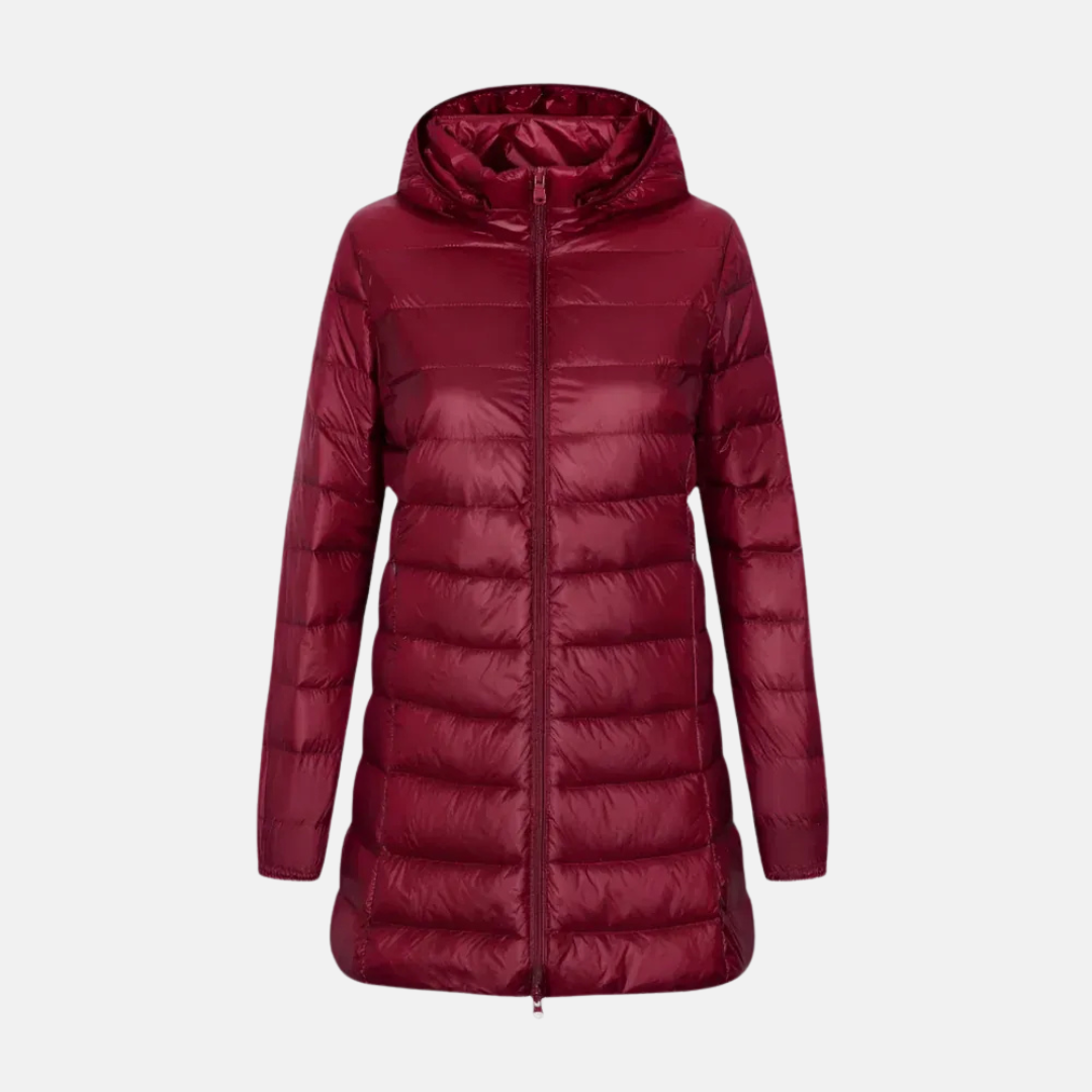 Women’s Down Jacket – Fitted Mid-Thigh Length – Hooded – Quilted – Water-Resistant