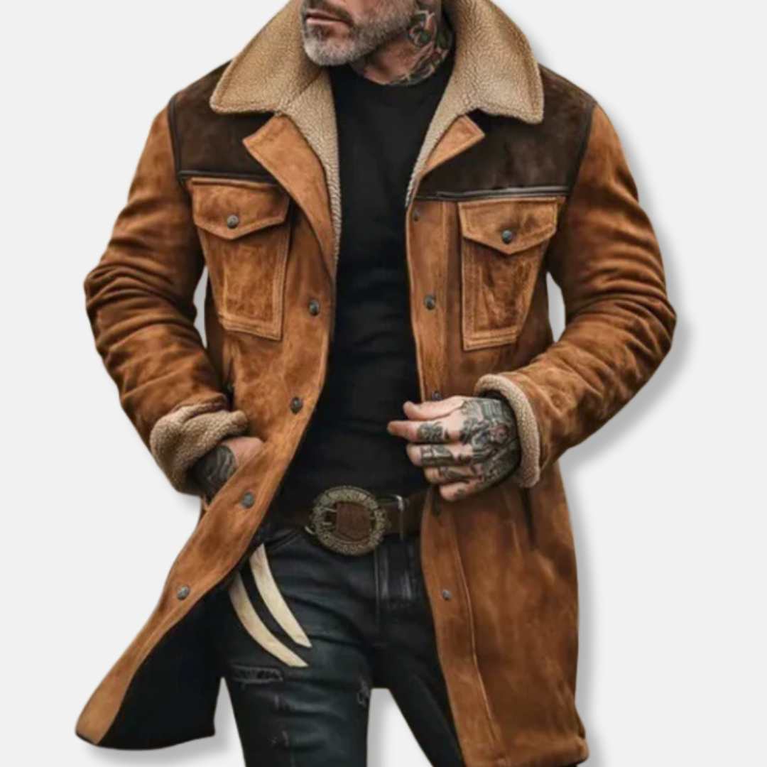 Men’s Trench Coat – Relaxed Fit – Plush Collar and Cuffs – Button Front – Full Length