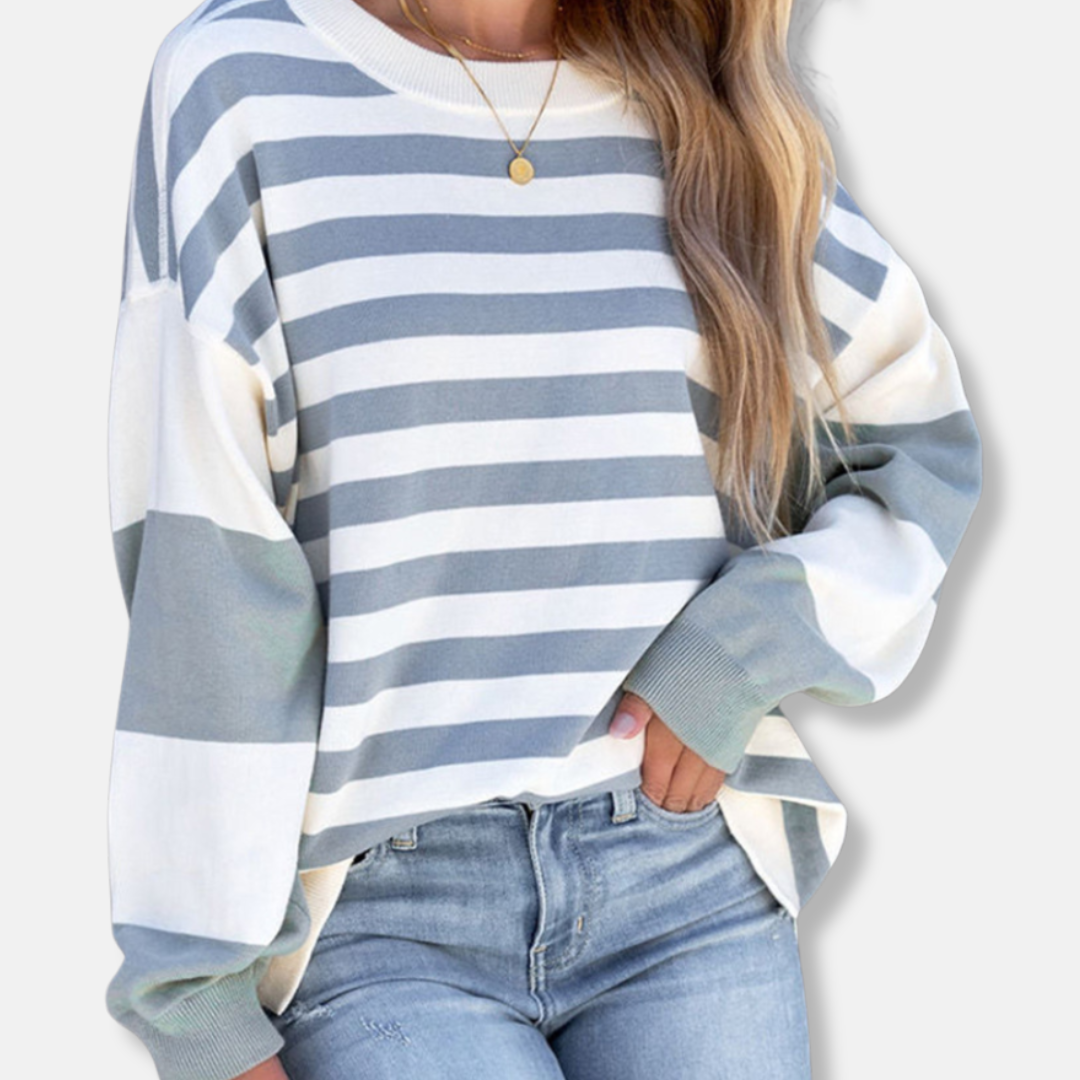 Women’s Sweater – Oversized Relaxed Fit – Cotton Knit – Striped – Crew Neck – Dropped Shoulder