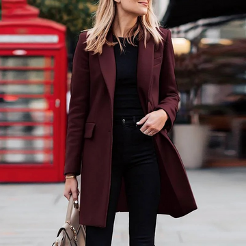 Women’s Longline Coat – Tailored Fit – Wool Texture – Notched Lapels – Flap Pockets
