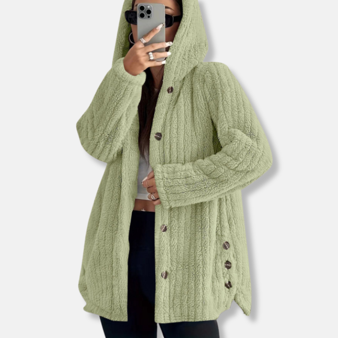 Women’s Hooded Plush Coat – Loose Fit – Button Front – Long Sleeve Soft Texture