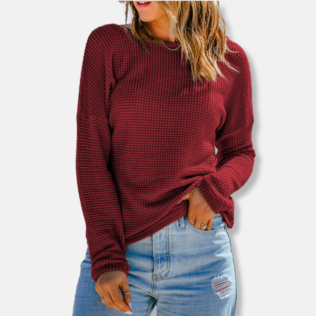 Women’s Long Sleeve Top – Waffle Knit – Relaxed Fit – Drop Shoulder – Soft Texture