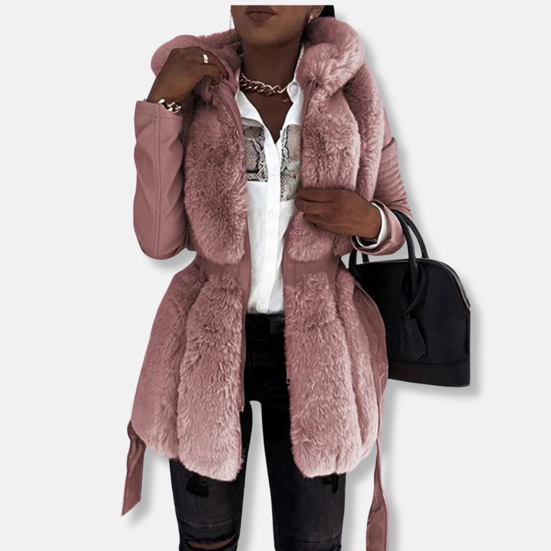 Women’s Faux Leather Jacket – Tailored Fit – Faux Fur Collar – Belted Mid-Thigh Length