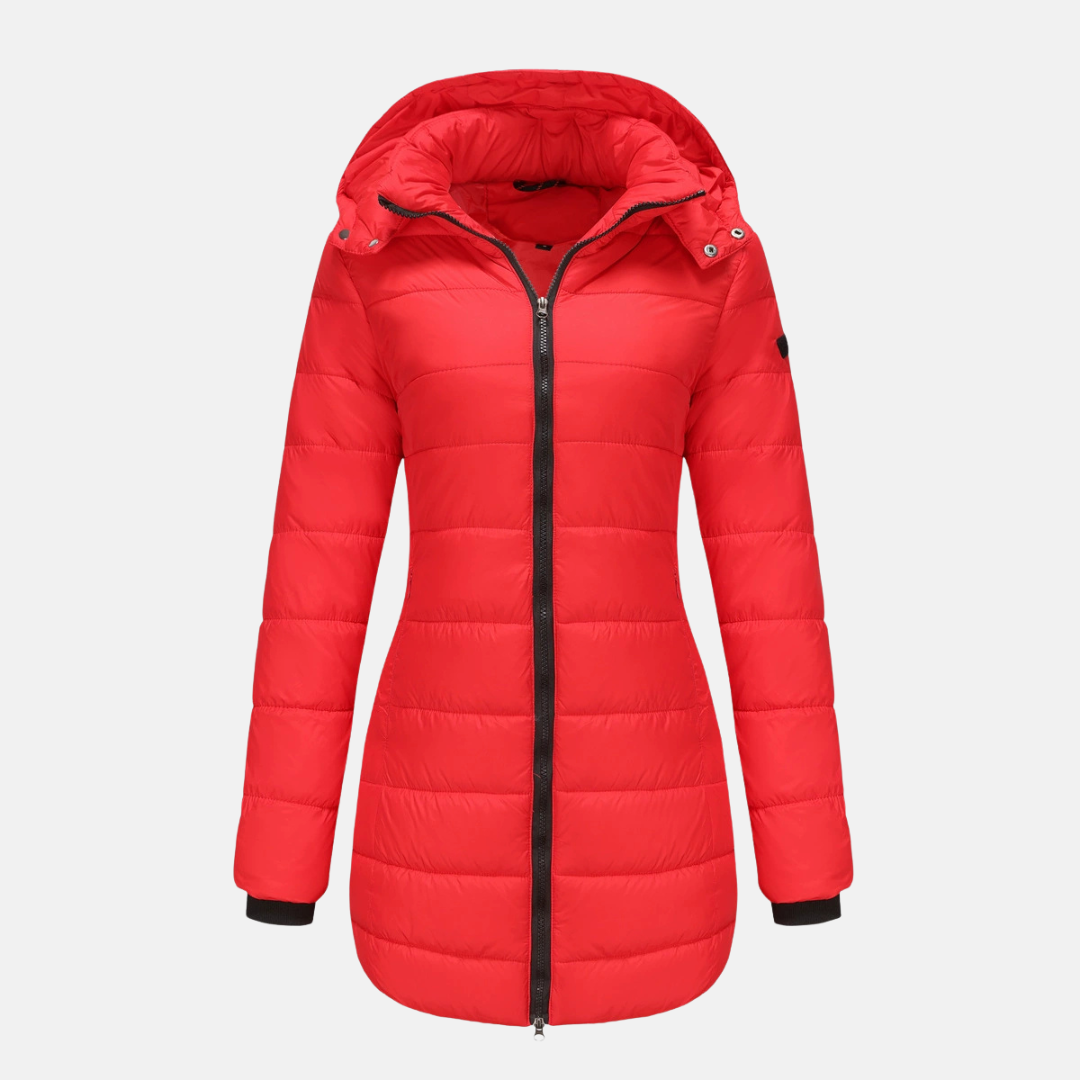 Women’s Puffer Jacket – Quilted Insulated – Detachable Hood – Ribbed Cuffs – Mid-Length Fit