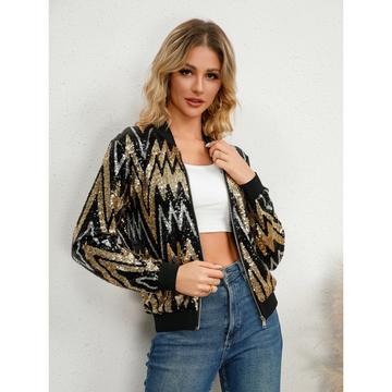 Women’s Bomber Jacket – Sequin Zigzag – Relaxed Fit – Zipper Front – Ribbed Trim