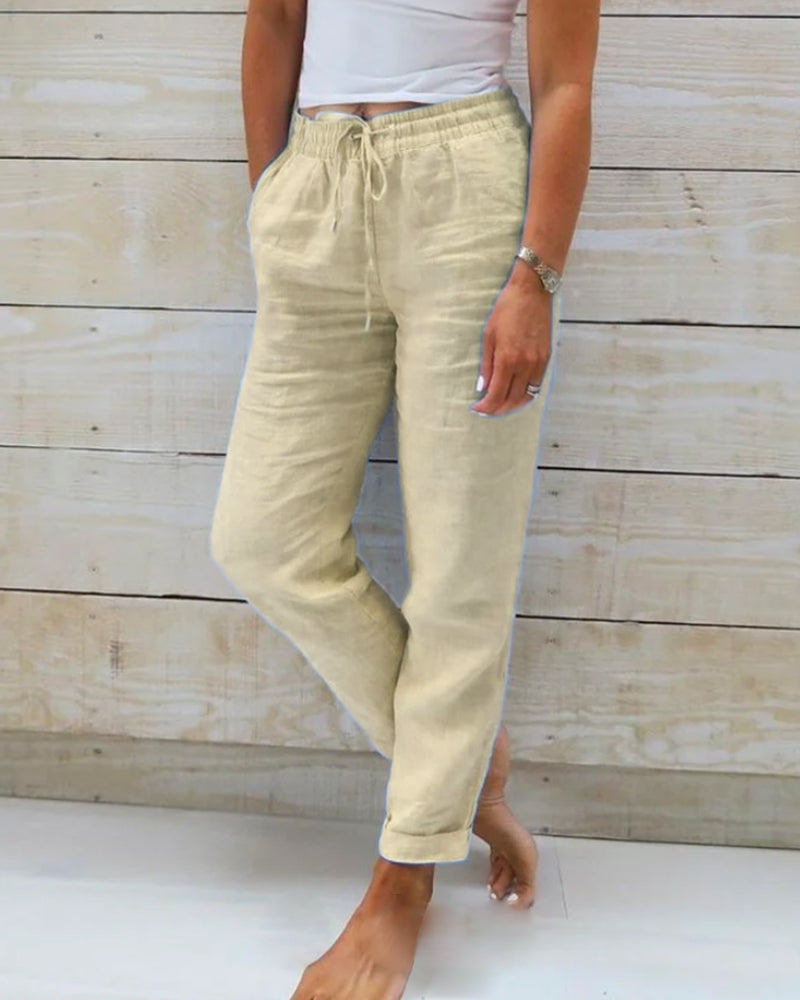 Women’s Pants – Cotton Linen Blend – Elastic Waist – Relaxed Fit – Casual Wear