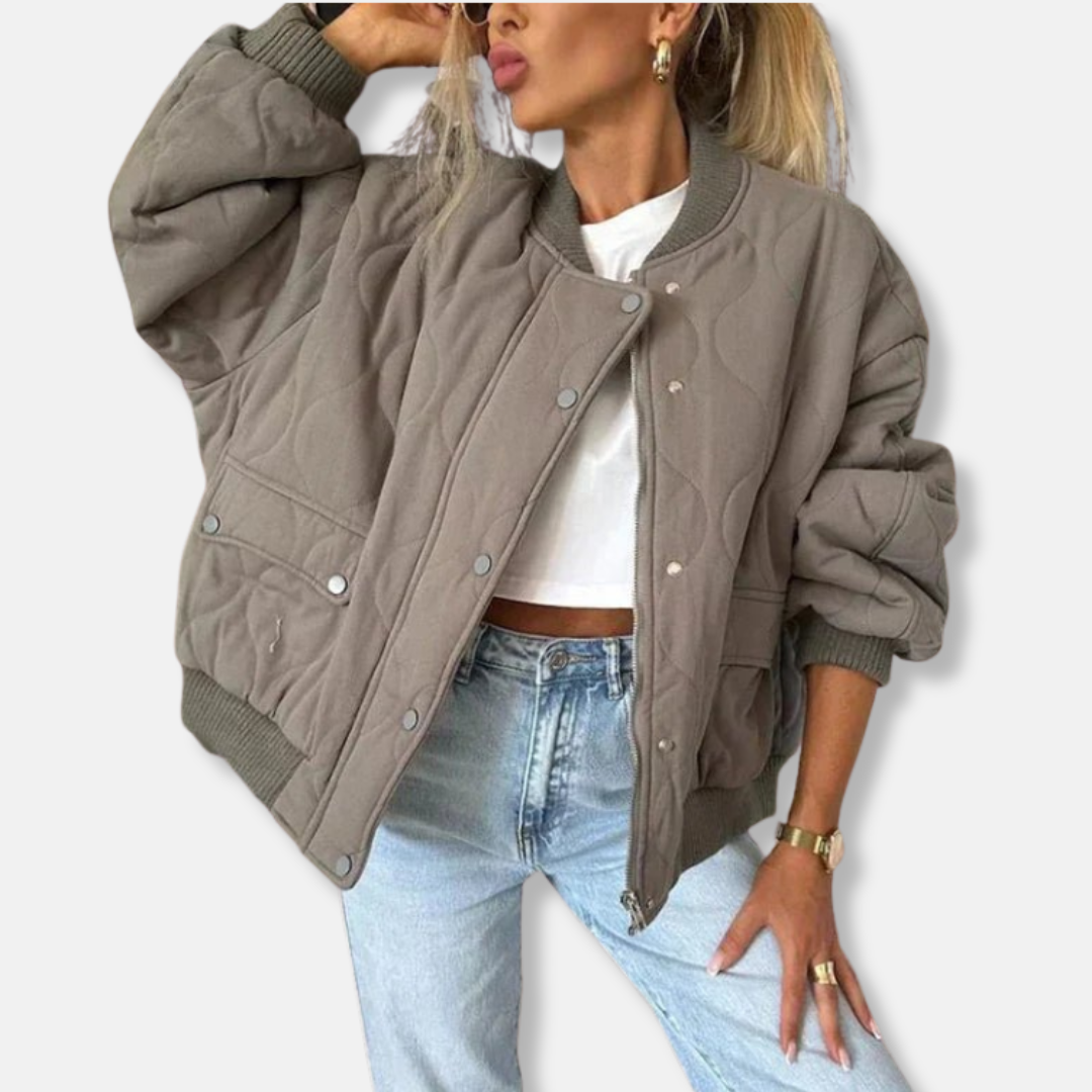 Women’s Bomber Jacket – Quilted – Oversized Fit – Ribbed Hem – Snap Front