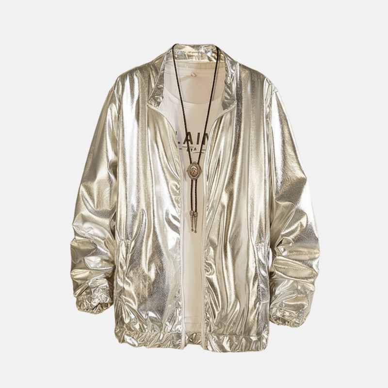 Men’s Streetwear Jacket – Glossy Finish – Loose Fit – Collarless Zip-Up – Elastic Trim