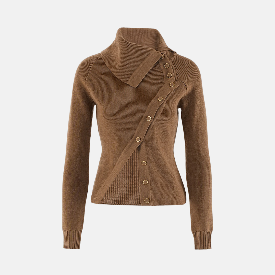 Women’s Knit Top – Slim Fit – Ribbed Texture – Asymmetrical Collar – Button Front