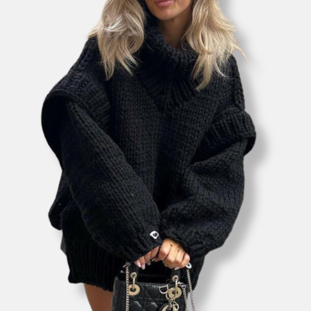 Women’s Pullover Sweatshirt – Oversized Fit – Chunky Knit Wool – Turtleneck – Ribbed Cuffs