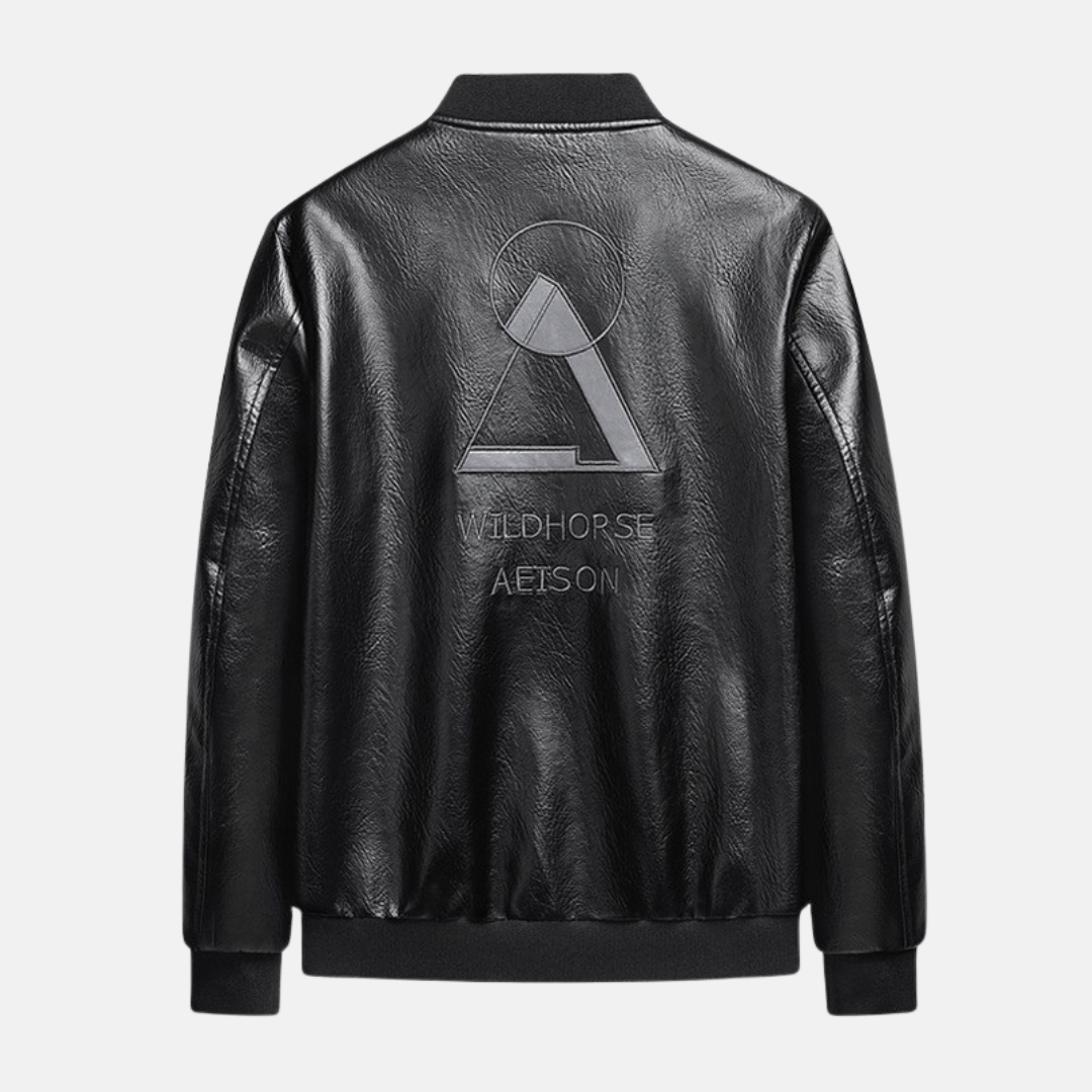 Men’s Bomber Jacket – Synthetic Leather Look – Regular Fit – Embroidered Back – Zippered Sleeve Pocket