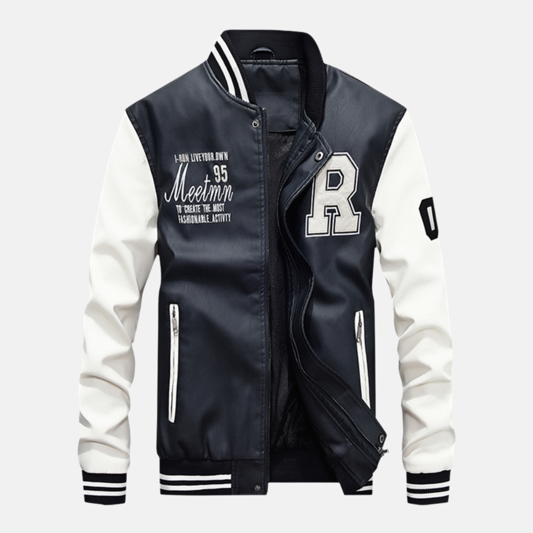 Men’s Varsity Jacket – Leather Body – Ribbed Trim – Snap Front – Embroidered Patches