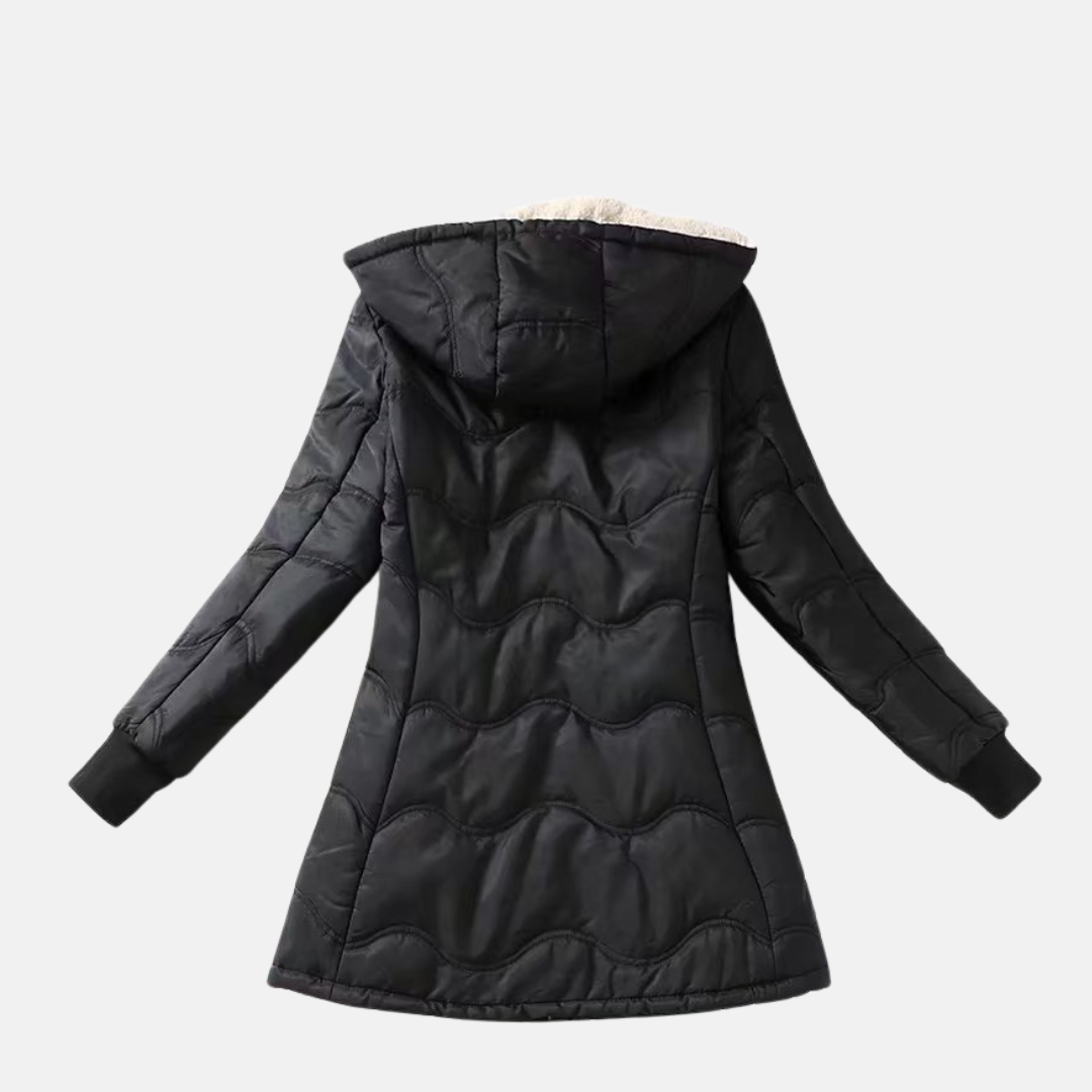 Women’s Quilted Coat – Sherpa Lined – Hooded – Ribbed Cuffs – Loose Fit – Mid Length