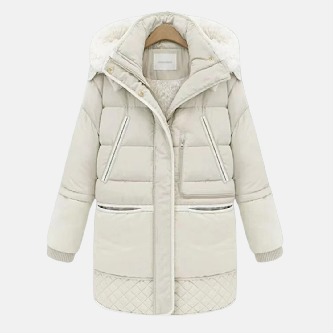 Women’s Quilted Coat – Oversized Relaxed Fit – Plush Hood – Ribbed Cuffs – Mid-Thigh Length