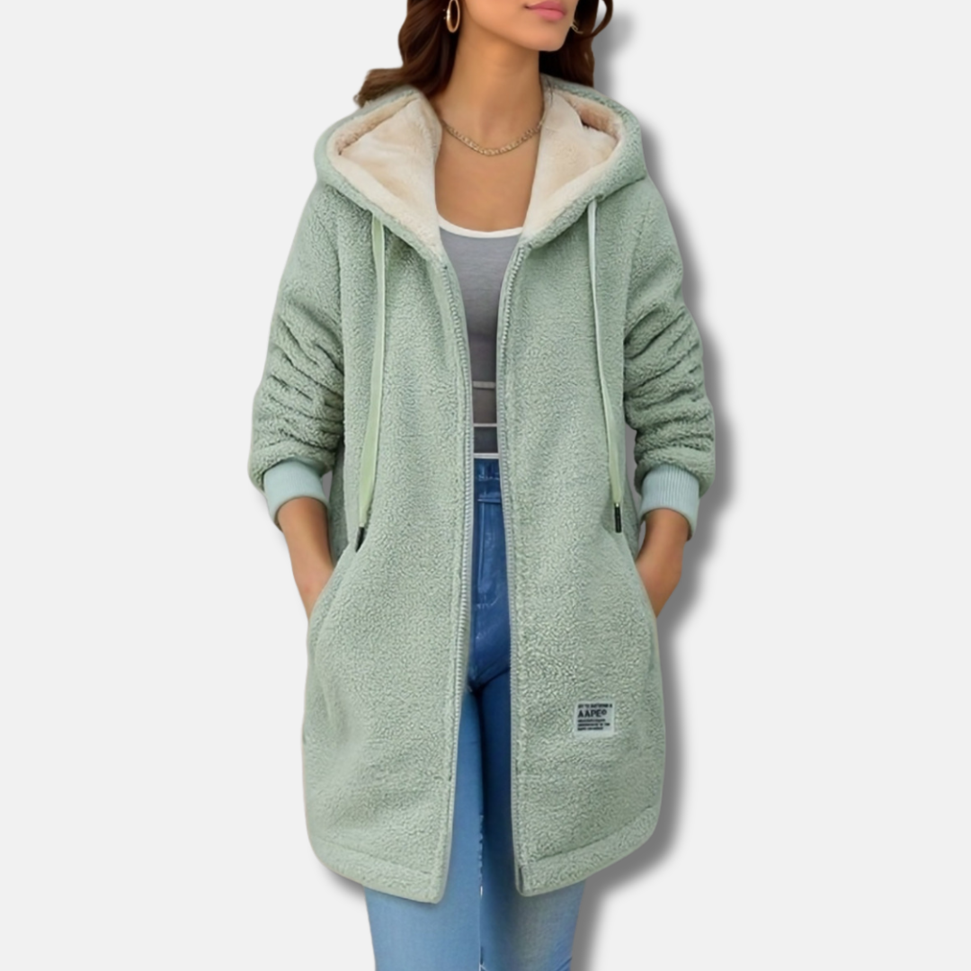 Women’s Hooded Jacket – Lambskin Plush – Oversized Fit – Zipper Front – Mid-Length
