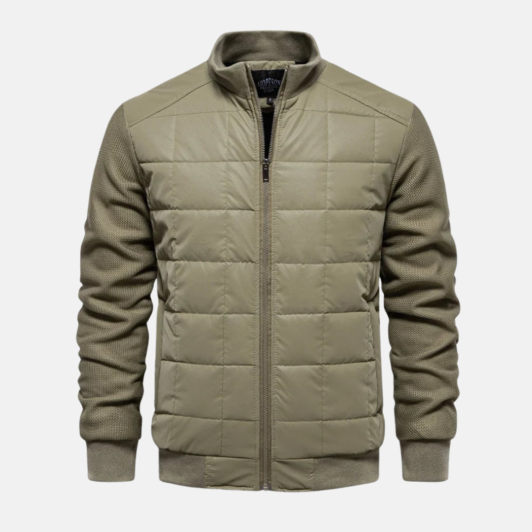 Men’s Quilted Jacket – Slim Fit – Knitted Sleeves – Stand-Up Collar – Full Zip Closure
