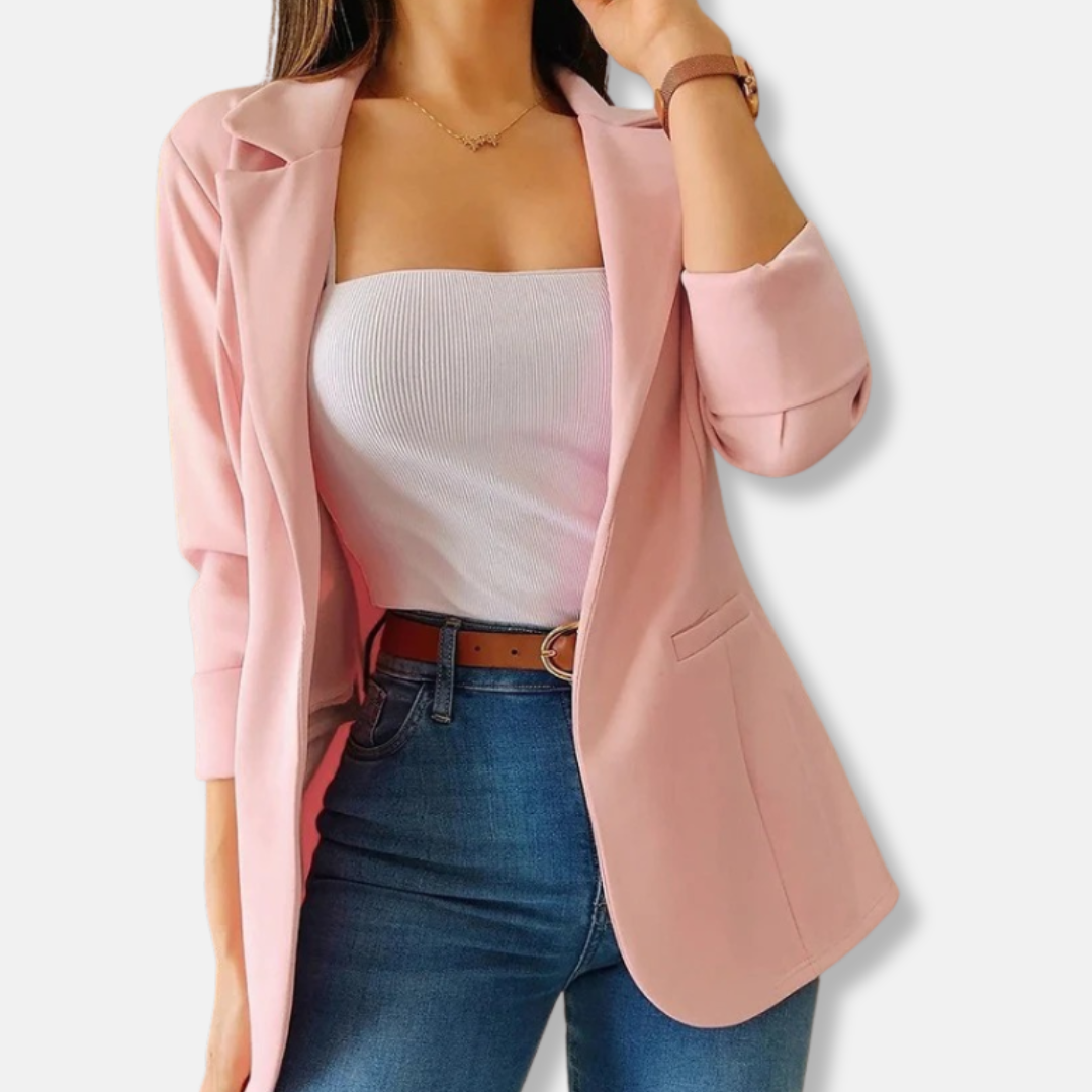 Women’s Blazer – Tailored Fit – Notched Lapel – 3/4 Sleeve – Flap Pockets – Hip Length
