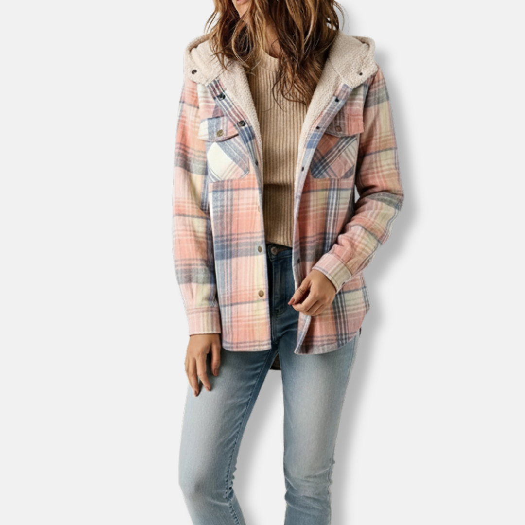 Women’s Shacket - Woven Fabric - Sherpa Lined Collar and Hood - Plaid - Mid-Thigh Length