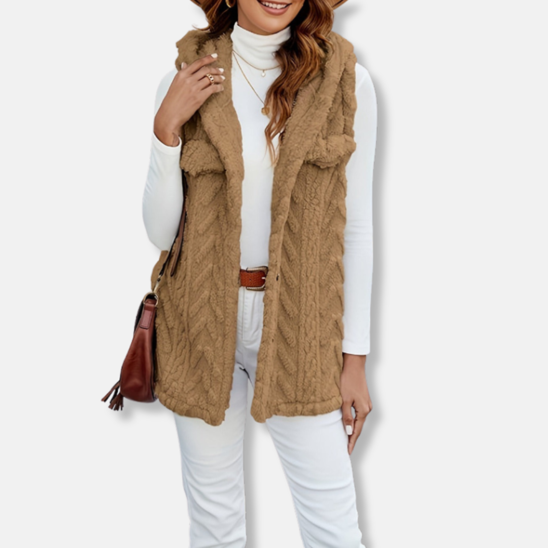 Women’s Hooded Vest – Fuzzy Knit – Relaxed Fit – Button Front – Chest Pockets