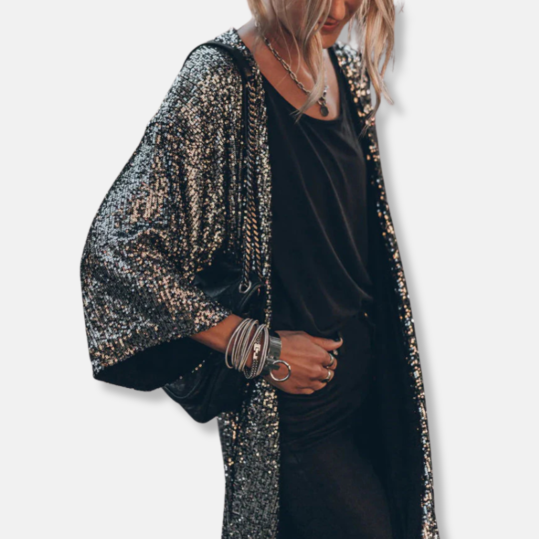 Women’s Duster Cardigan – Sequin Embellished – Loose Fit – Open Front 3/4 Sleeve