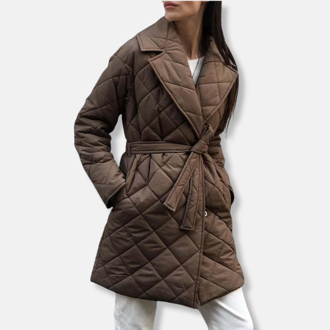 Women’s Quilted Coat – Mid-Length Belted – Diamond Pattern – Notched Lapel – Side Pockets