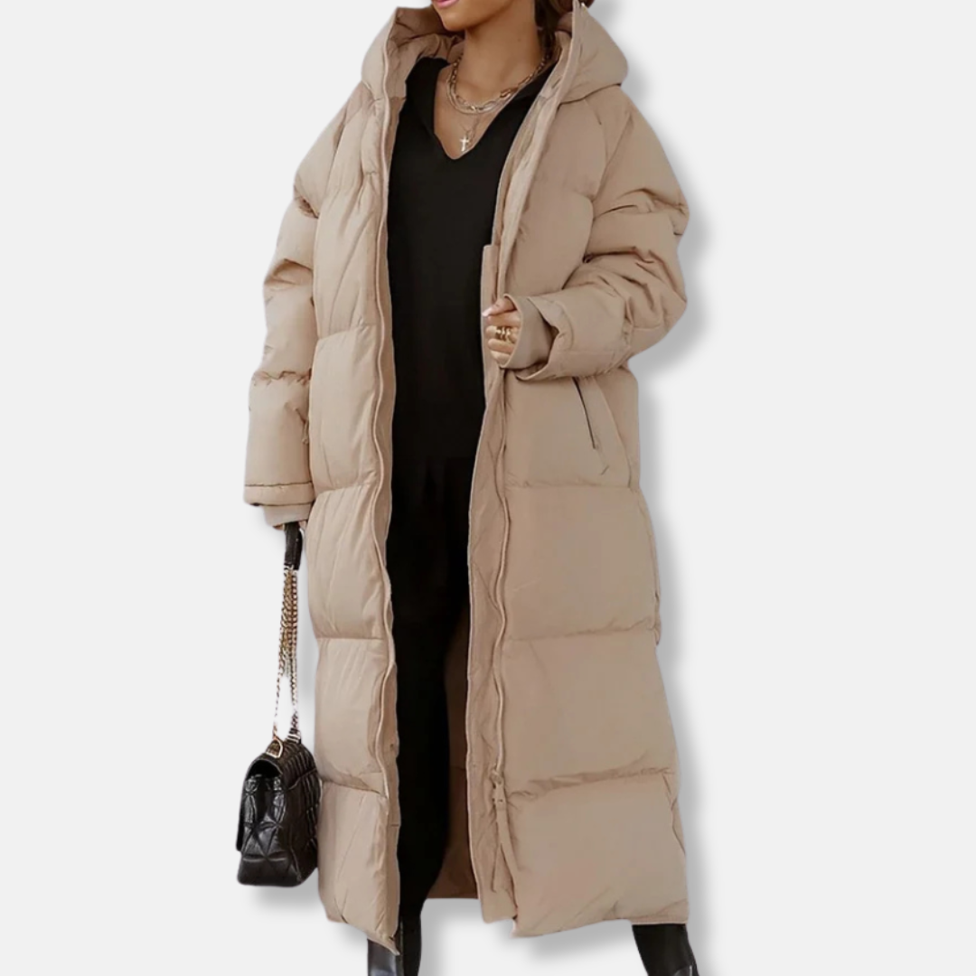 Women’s Long Coat – Quilted Padded – Oversized Fit – Hooded Full-Length Outerwear
