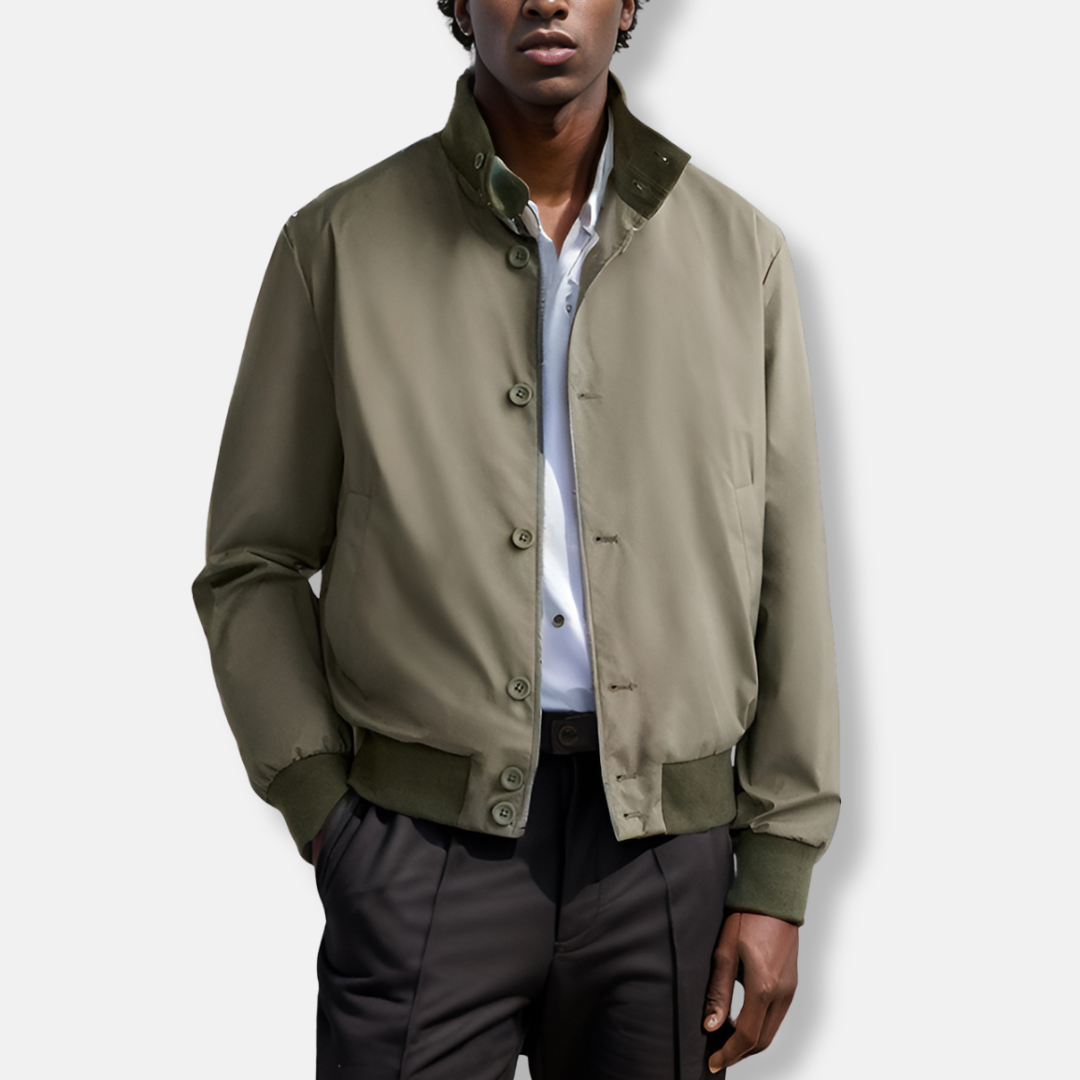 Men’s Bomber Jacket – Slim Fit – Button-Up Front – Ribbed Cuffs and Waistband