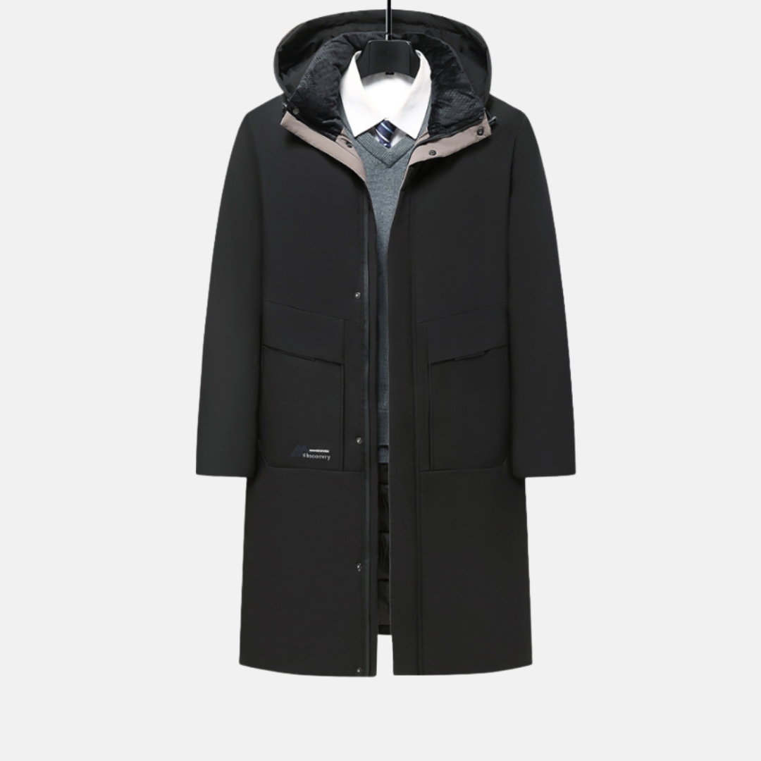 Men’s Long Coat – Regular Fit – Wool Blend – Insulated Hood – Snap Closure – Business Outerwear