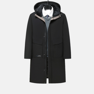 Men’s Long Coat – Regular Fit – Wool Blend – Insulated Hood – Snap Closure – Business Outerwear