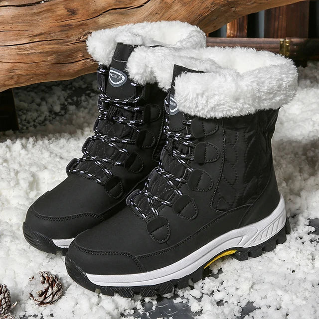 Women’s Snow Boots – Mid-Calf – Water-Resistant Quilted – Faux Fur Trim – Lace-Up Fit