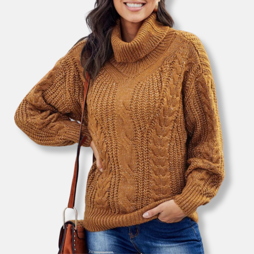 Women’s Pullover Sweatshirt – Oversized Relaxed Fit – Chunky Wool Knit – Ribbed Turtleneck