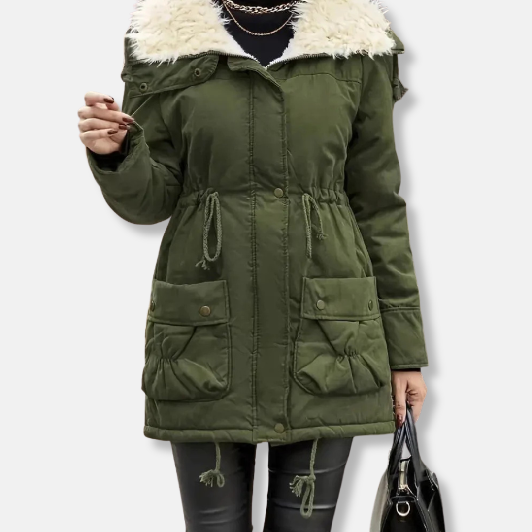 Women’s Parka Jacket – Mid-Length Relaxed Fit – Faux Fur Hood – Utility Pockets – Drawstring Waist